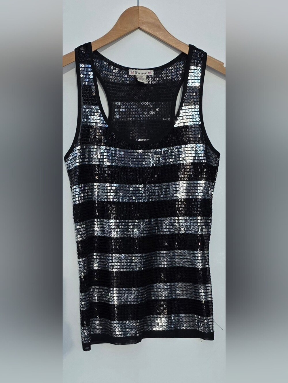 Size M Sequin Stripe Tank Top - Black & Silver